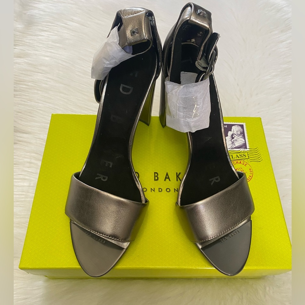 Ted Baker Gunmetal Silver Metallic Leather Heeled Sandals Sz 11